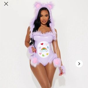 Fashion Nova Lavender Fuzzy Hooded Bear Bodysuit with Rainbow Patch